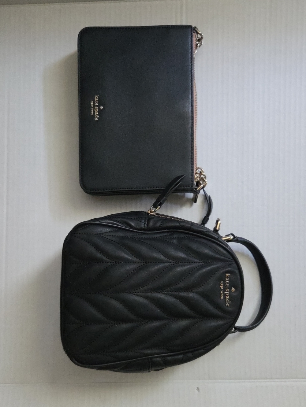 2 KATE  SPADE Black Quilted Leaf-Pattern Mini Backpack w/ Gold Logo & Mini Purse